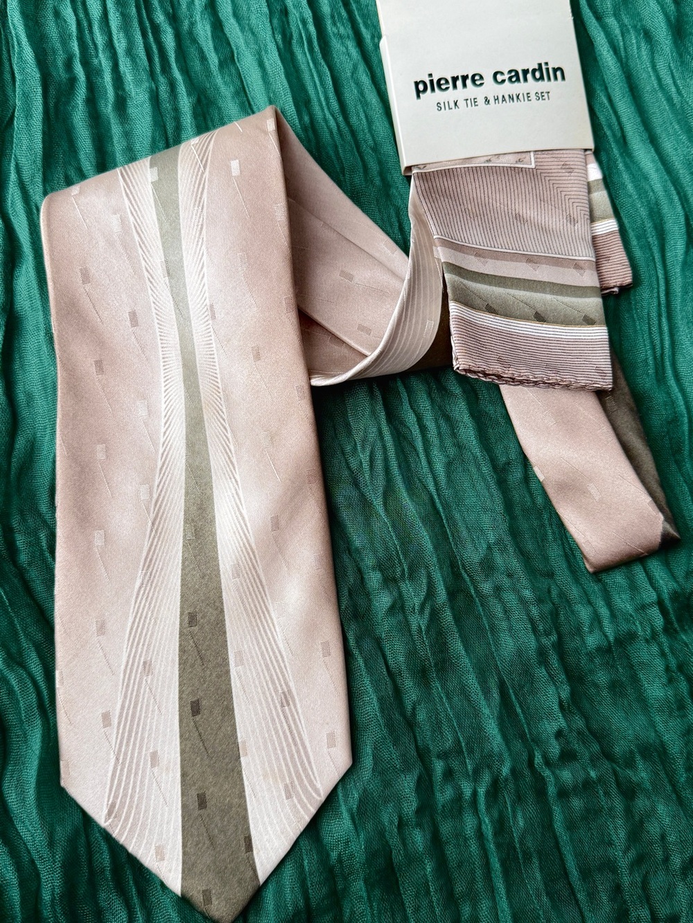 Vintage Pierre Cardin Silk Tie & Hankie Set with Olive Stripe New 4”